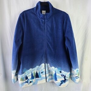 Blair Winter Scene Fleece Zip Jacket Womens Large Blue Snow Reindeer Cozy